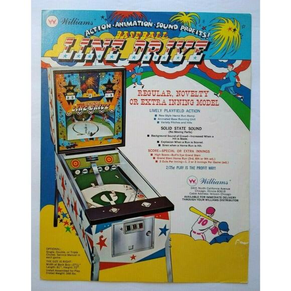 Line Drive Pinball Baseball Flyer 1972 Original Game Art Promo Pitch And Bat - Picture 2 of 3